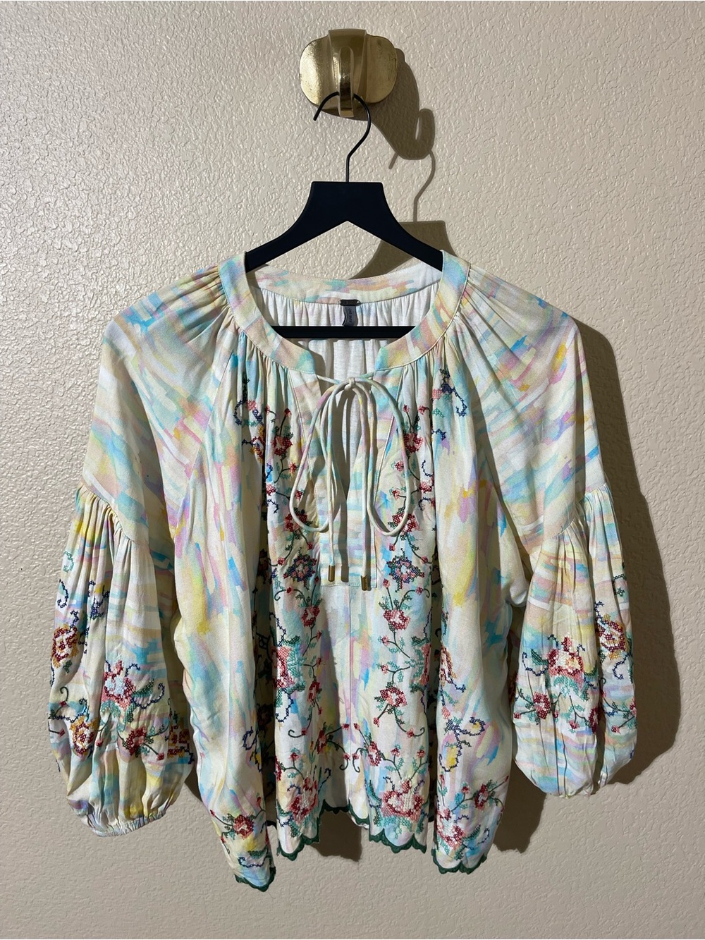 Anthropologie Blank London Pastel Floral Tie-Neck Peasant Blouse